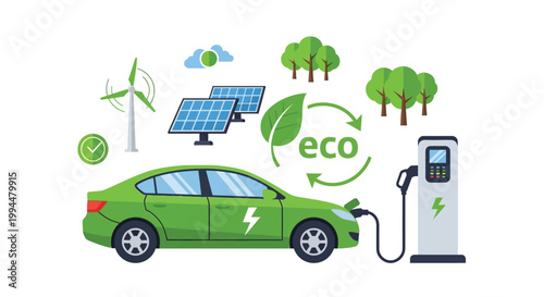 Green electric car charging at eco friendly station with solar panels and wind turbine symbolizing sustainable energy and environmental protection for a clean future