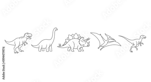 Line art dinosaurs illustration of various prehistoric creatures on white