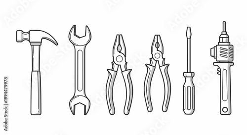 Line art illustration of various hand tools for repair and construction