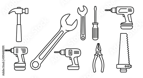 Professional construction tools line icons including hammers wrenches screwdrivers power drills pliers and saws for DIY home improvement and industrial maintenance projects in a clean vector format