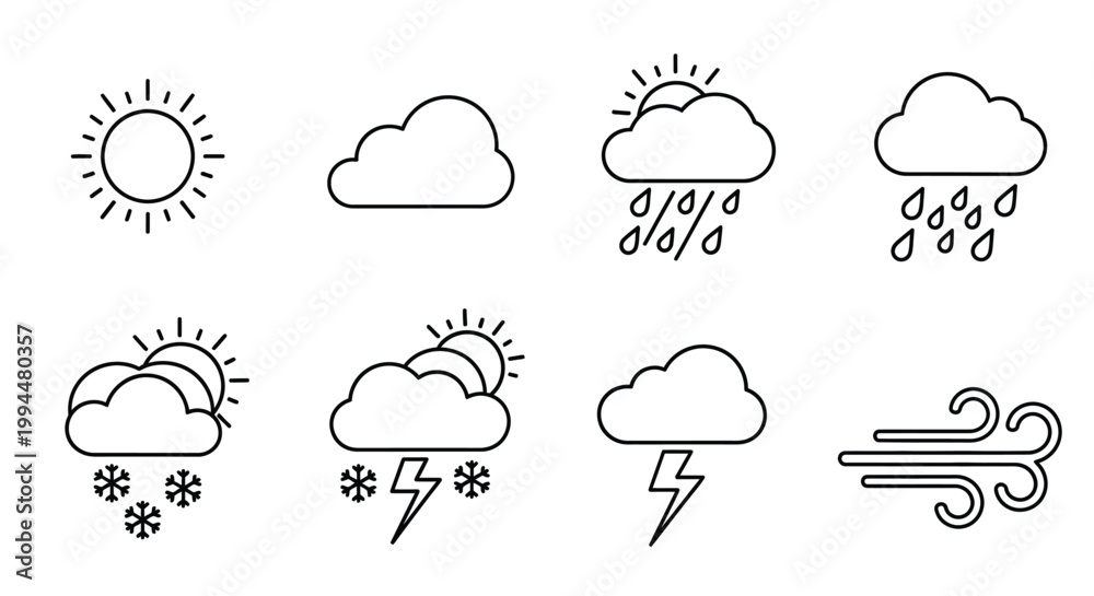 Fototapeta premium Weather forecast line icons featuring sun cloud rain snow storm and wind symbols for meteorological apps and climate dashboard design in high quality clean vector style isolated on white background