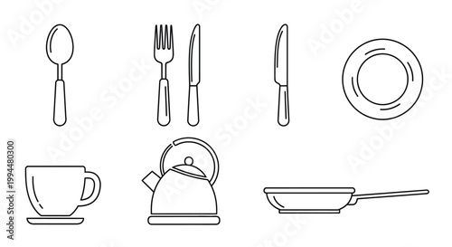 Kitchenware and cooking utensils line icon collection featuring spoon fork knife plate tea cup kettle and frying pan for culinary projects and home appliance web design in clean vector art style