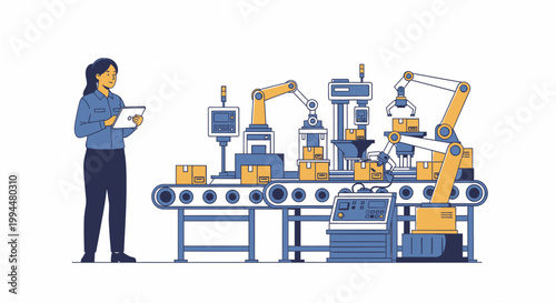 Woman overseeing industrial automation system with robotic arms and conveyor