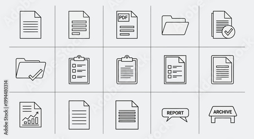 Office document and file management line icons including folders reports checklists and archive boxes for business software and cloud storage UI design in professional minimalist vector illustration