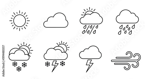 Weather forecast line icons featuring sun cloud rain snow storm and wind symbols for meteorological apps and climate dashboard design in high quality clean vector style isolated on white background
