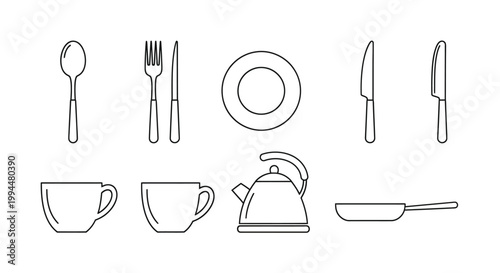 Minimalist kitchenware and dining utensil line icons set including spoon fork knife plate cup kettle and frying pan for culinary design projects