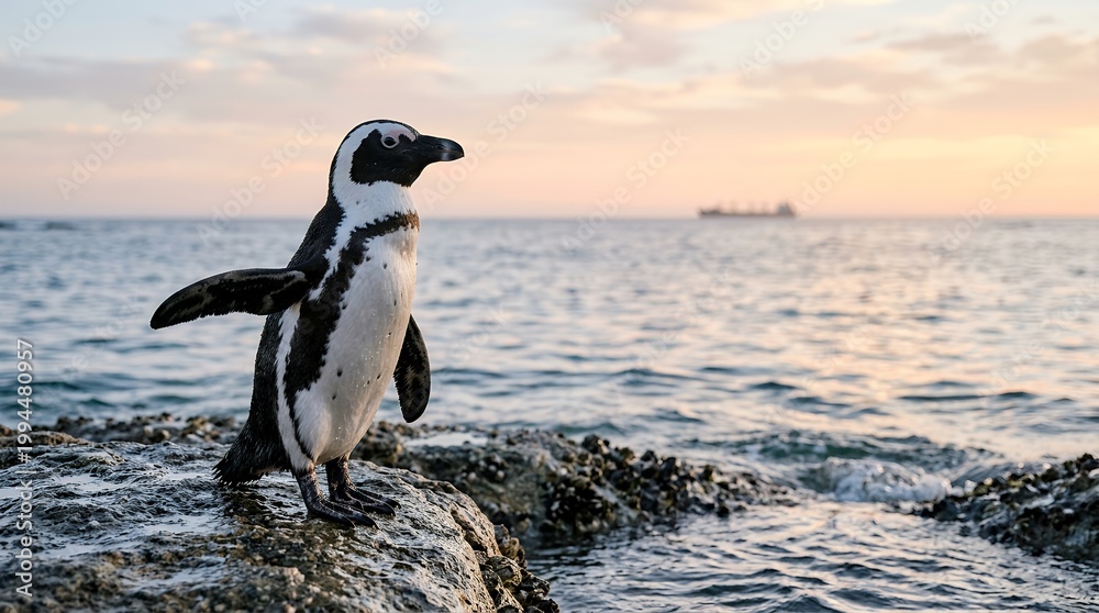 Obraz premium African penguin standing on rocky shore at sunset, wild jackass penguin by the ocean, coastal wildlife photography with soft evening light