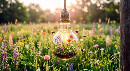 Glass Light Bulb Filled with Blooming Wildflowers and Bees in Sunny Meadow