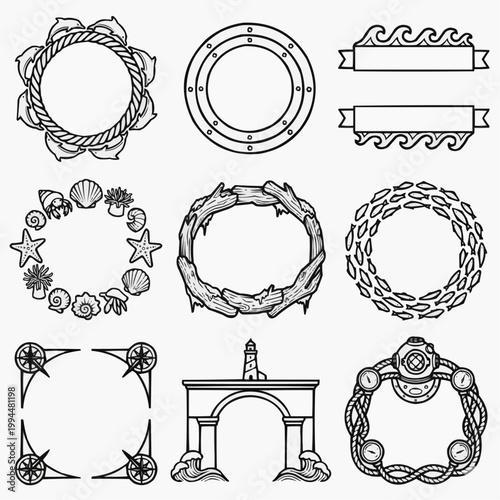 Nautical circular frames and ocean borders, set of 9 vintage maritime vector illustrations, sea life wreaths with shells and lighthouse icons