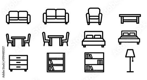 Furniture icons set sofa chair tables bed chest shelves and lamp