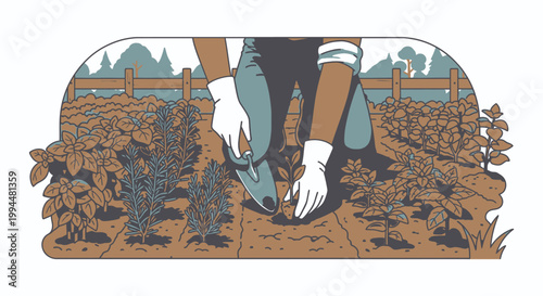 Gardener planting in a garden vector illustration for agricultural concepts