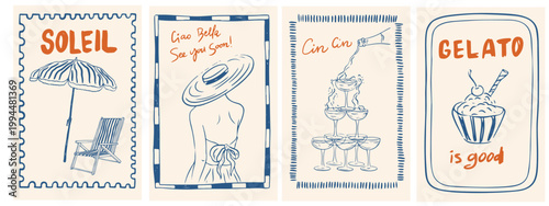 Italian summer vacation vintage posters. Hand drawn la dolce vita placard. Amalfi or Sicily of vintage frame with image of Italian Mediterranean, champagne, woman, for invitations, cards, placard