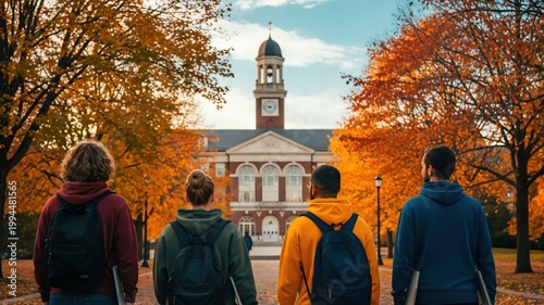 Group of Young Adults Walking on College Campus in Autumn Amidst Colorful Fall Foliage