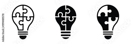 Puzzle light bulb icon symbolizing creative problem solving, collaboration, team innovation, strategic thinking, vector illustration