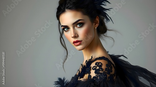 Woman in black dress posing for picture, attractive female model in elegant evening gown for fashion and beauty lifestyle concept