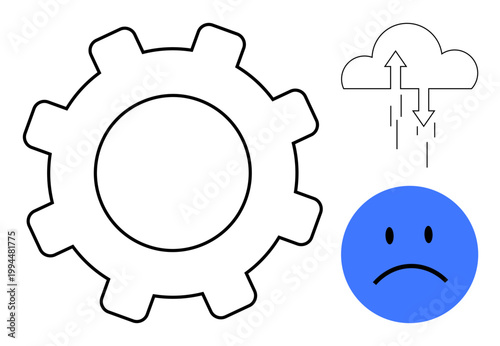 Technology challenge. A gear s mechanical systems, a sad face shows frustration, and cloud computing modern storage issues. For IT problems, software development, troubleshooting, system updates