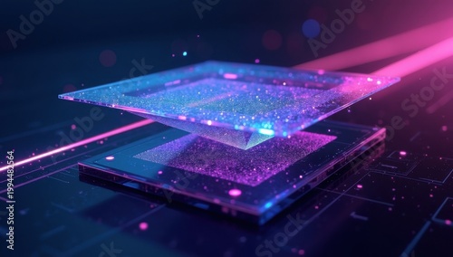 Interfaz oscura con capas de cristal transparente y destellos de luz de neón