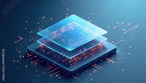 Paneles de vidrio isométricos en capas con flujos de datos y estelas luminosas