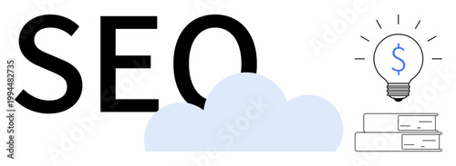 Digital marketing, search optimization, online growth, knowledge sharing, innovation, data management. SEO text with cloud, lightbulb and books. Digital marketing and search optimization