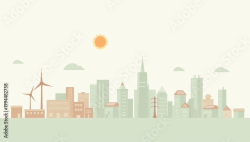 Horizonte minimalista con tejados solares y aerogeneradores