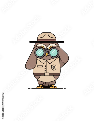 Cartoon owl wearing ranger uniform and binoculars on black background