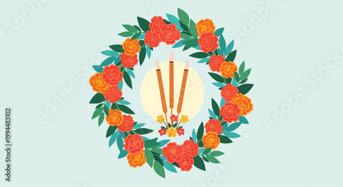 Colorful floral wreath with candles and decorative elements for celebration or festive occasion