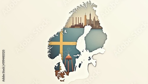 Mapa de Suecia formado por elementos de diseño industrial limpios, fábricas y símbolos de innovación