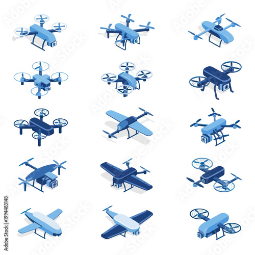 Isometric Drone Collection: Quadcopters, Aerial Vehicles, Futuristic Technology Icons