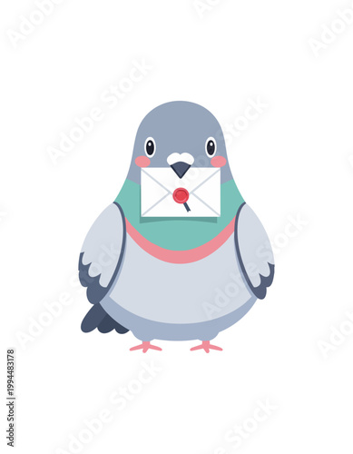 Cartoon pigeon delivering a letter isolated on black background