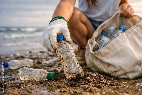 Volunteer collecting discarded plastic bottles from sandy beach, promoting ocean health and environmental conservation efforts