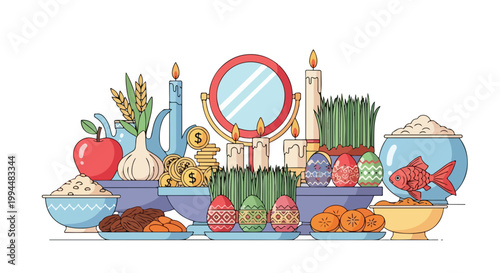 Colorful traditional religious altar with candles fruits flowers and decorative items for celebration or worship