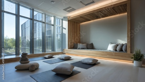 Yoga studio features a minimalist design with wooden flooring and natural light streaming through large glass windows.