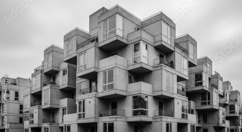 Monochrome perspective of stacked cubic housing complex, repeating modular balconies and windows forming striking geometric residential architecture in city

