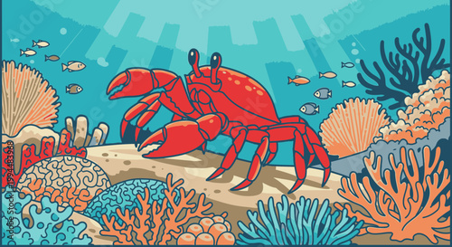 Red Crab on Ocean Floor Closeup.