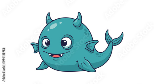 Smiling cartoon blue sea monster creature.