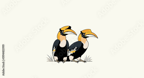 Two colorful hornbill birds standing together.