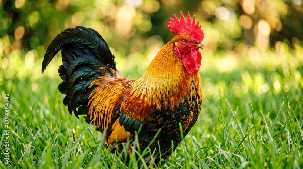 Fototapeta premium Rooster Standing Alert in Sunlit Grassy Field