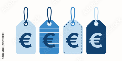 Euro currency symbols on blue price tags euro symbol blue tags labels vector illustration isolated on white background