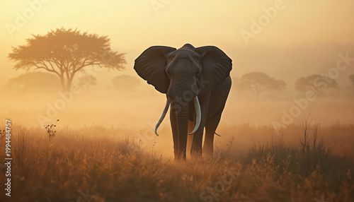 Large elephant walks in grassy savanna during foggy sunrise. Lone pachyderm with big tusks stands near acacia trees. Wild animal in natural habitat at dawn.