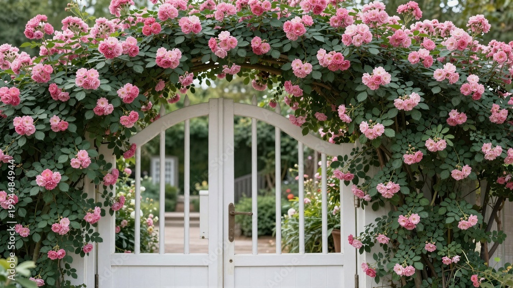 Fototapeta premium Garden gate with climbing roses