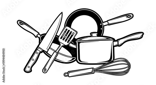 Black and white kitchen utensils illustration isolated on white background