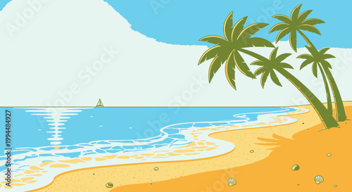 Cartoon beach scene with palm trees and ocean reflecting sunlight under blue sky