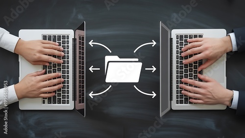 Collaboration, teamwork, file sharing, business concept, two people working on laptops