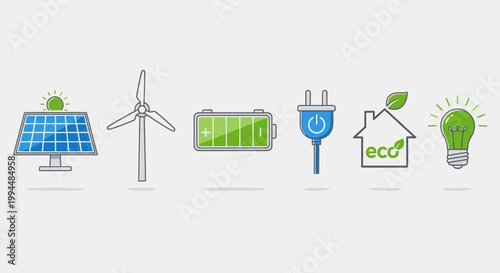 Clean energy icons solar panel wind turbine battery plug and bulb designs