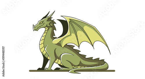 Green cartoon dragon sitting with wings open isolated on white background