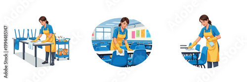 picture of school janitor cleaning and arranging desks and chairs