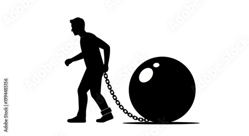 Silhouette of a man pushing a large ball and chain, symbolizing burden and struggle