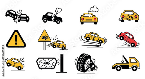 Car Crash Collision Accident Icons Set.