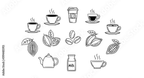 Hot drink and cocoa beans minimalist outline icon collection with coffee hot chocolate and cafe beverage vector set