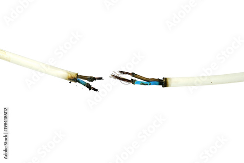 Photography Burned Electrical Cable with Melted Insulation and Exposed Copper Wires Isolated